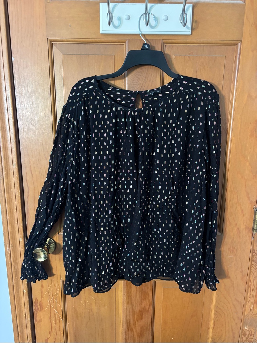 Ann Taylor Black Long-Sleeve Blouse with Multi-Color Dot Print